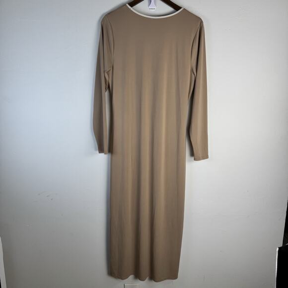 Abercrombie&Fitch Rutched Deep V Neck Long Sleeve Midi Dress XL Camel Tan Y2K - Picture 3 of 10